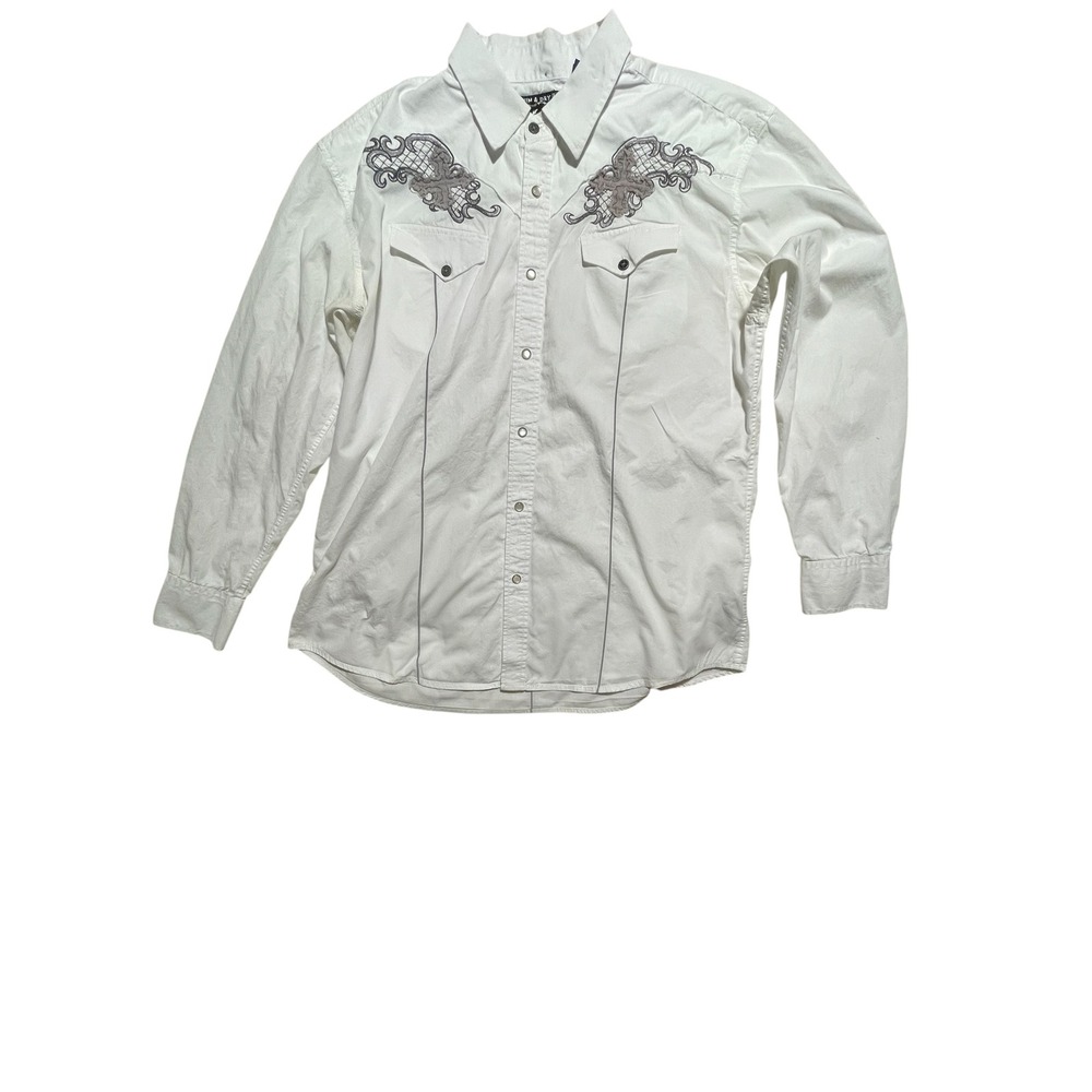 Indigo Star American Vintage Mens‎ White Western Snap Shirt Embroidered Cross L
